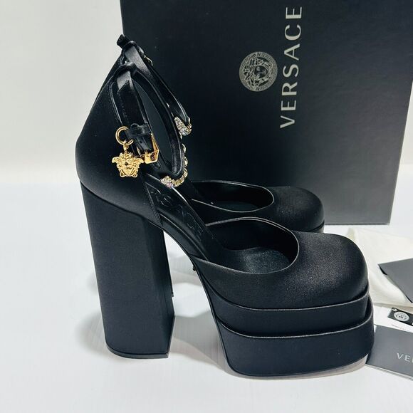 Versace Aevitas Platform Pumps EU 38/ US 8 Black Satin Shoe Crystal NIB $1,575 - Picture 7 of 16